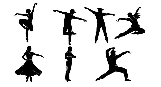 Diverse dancers in silhouette poses, isolated on white