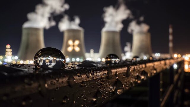 Close-up of water droplets on a railing reflecting cooling towers and steam at night, showcasing the industrial landscape and illuminated structures in the background