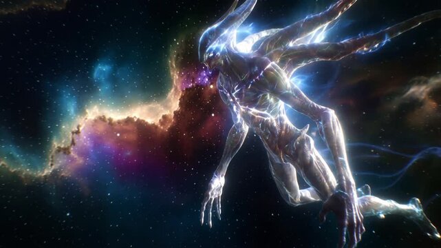Glowing humanoid alien figure moving through a star field with luminous trails across a nebula in outer space