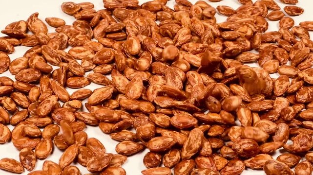 Pouring Roasted Jaban Seeds in Slow Motion Close-up, Roasted Crunchy Watermelon Seeds Dropping on White Surface, 16:9 Landscape Persian Nuts Slowmo Food Footage