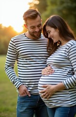 Fototapeta premium Young happy couple in matching striped shirts pose outdoors. Pregnant woman cradles her belly. Man stands close with hand in pocket, both smiling warmly. Their future child is expected.