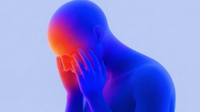 Glowing blue human figure lowering head and moving hands across face against a soft light background