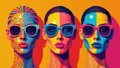Obraz premium Three stylized faces wear colorful sunglasses. Faces split with bright bold colors and patterns. Pop art style graphic shows modern beauty and fashion trends.