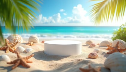 Fototapeta premium White product display stand on sandy beach with seashells, starfish and palm leaves. Ocean backdrop with bright sunny sky. Ideal for summer product promotions and marketing.