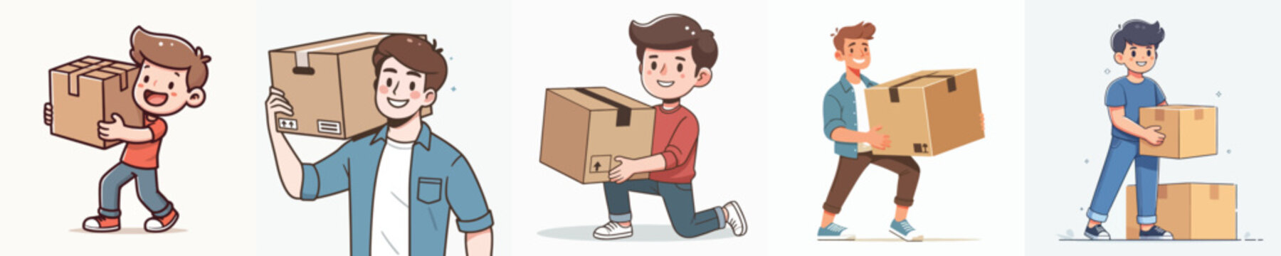 set of vectors of young men lifting cardboard