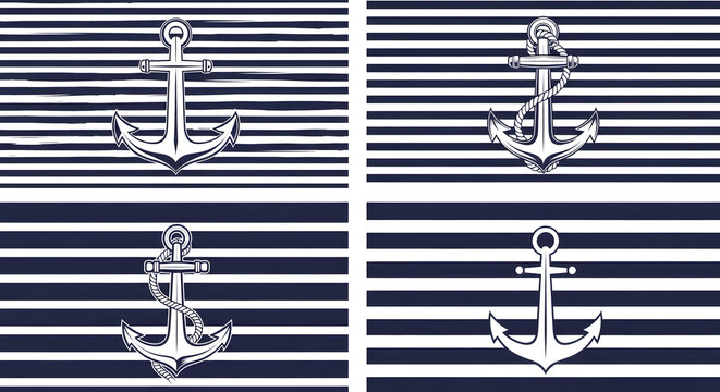Nautical Anchors Collection: A set of four stylized nautical anchors displayed against a backdrop of classic navy and white stripes, evoking maritime themes and adventure.