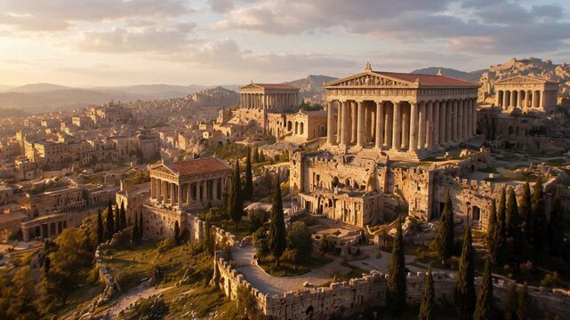 Ancient Rome cityscape with classical temples and ruins unfolding in a sweeping aerial view at sunset