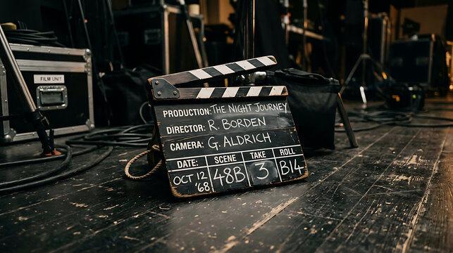 Film clapperboard on dark studio floor stage with behind scenes set design clapperboard production director entertainment equipment industry professional performance creative cinematic