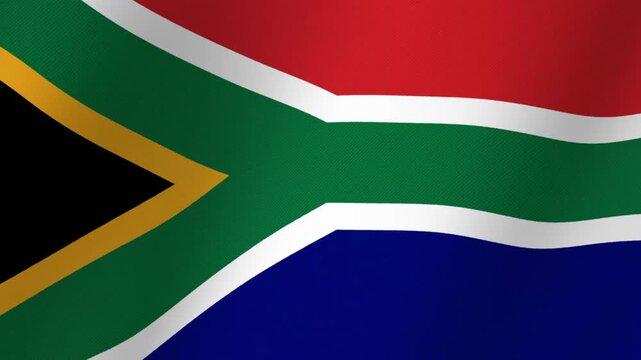 Waving South African flag with its iconic colors red green blue black yellow and white fabric texture