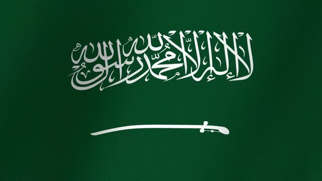 The national flag of Saudi Arabia featuring the Shahada in white Arabic script and a sword on a green background