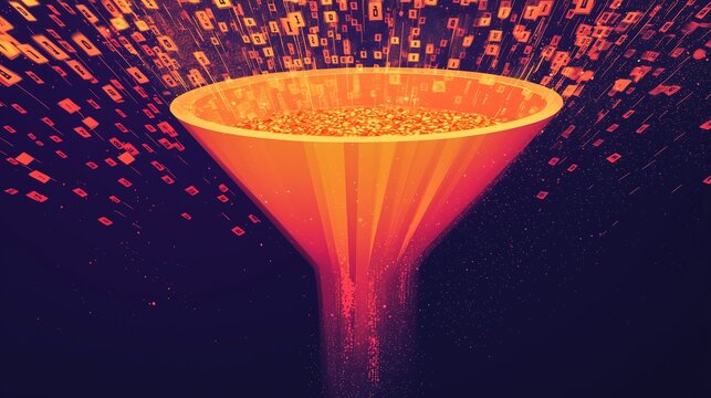Orange funnel collecting streaming digital card into concentrated data flow, symbolizing funnel filtering data and selective data aggregation.