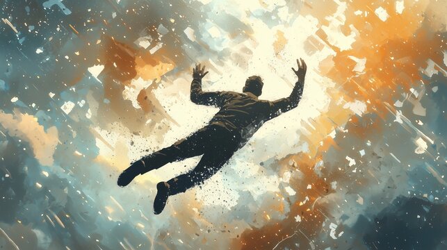 Silhouette of a man falling through a cloudy sky, dramatic descent with outstretched arms against abstract light and cloud.
