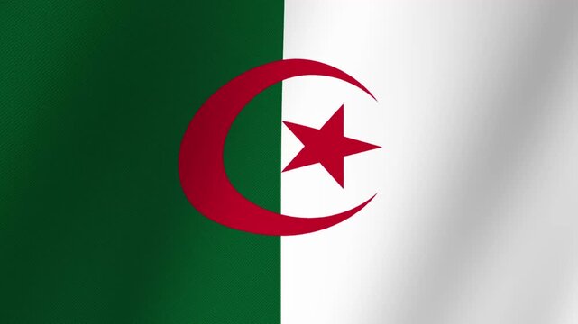 Algerian flag waving with a textured fabric effect showing green white and red colors with a crescent moon and star symbol