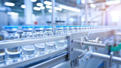 Fototapeta premium Pharmaceutical vials automatic production line, modern factory. Sterile glass bottles with medicine, vaccine on conveyor. Biotechnology industry, laboratory manufacturing process, drug development. 3d