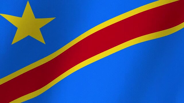 Democratic Republic of Congo flag waving in the wind with a yellow star and red stripe on blue background
