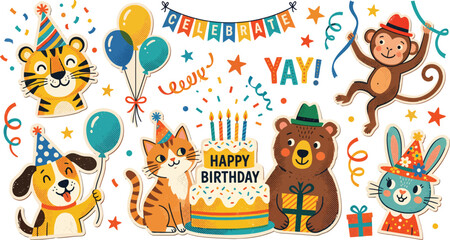 Naklejka premium Happy Birthday Party Animals Celebration with Balloons Confetti and Festive Decorations