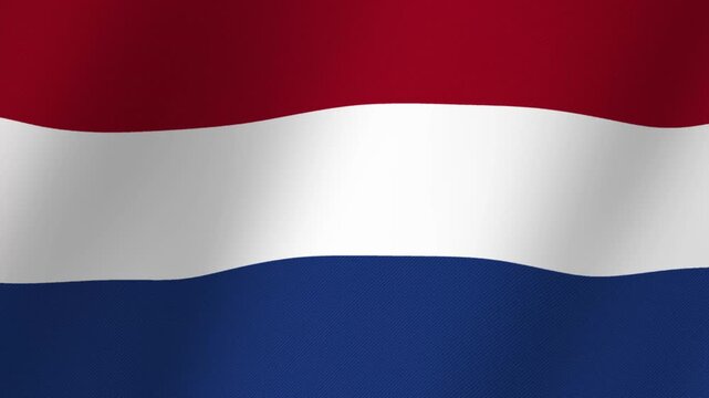 Waving Dutch flag with horizontal stripes of red white and blue fabric texture background