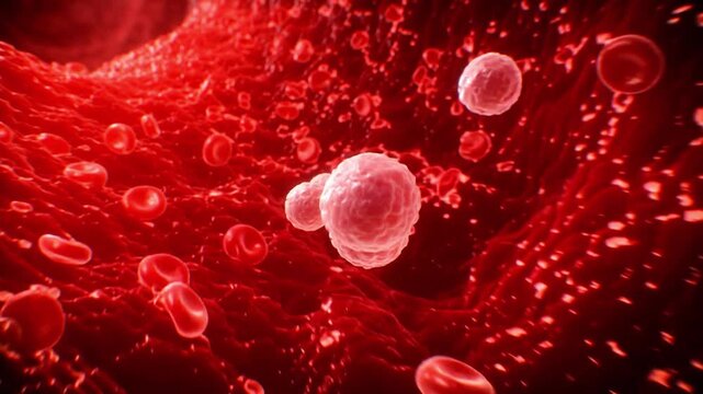 Blood cells flowing through a blood vessel in a microscopic bloodstream medical visualization close-up scene