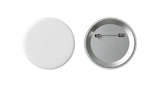 A blank white round pin badge is shown from both the front and the back Isolated on transparent background
