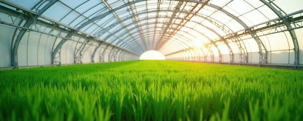 Fototapeta premium Greenhouse tunnel with rows of vibrant green grass growing under artificial lighting. Advanced agriculture technology uses large dome structure for plant cultivation, crop production. Sunrise light