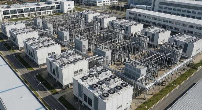 Expansive modern hyperscale data center complex with advanced cooling systems and extensive infrastructure viewed from above
