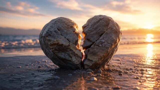 Cracked heart-shaped rock opening on wet beach sand with ocean waves and sunset light reflecting across shore