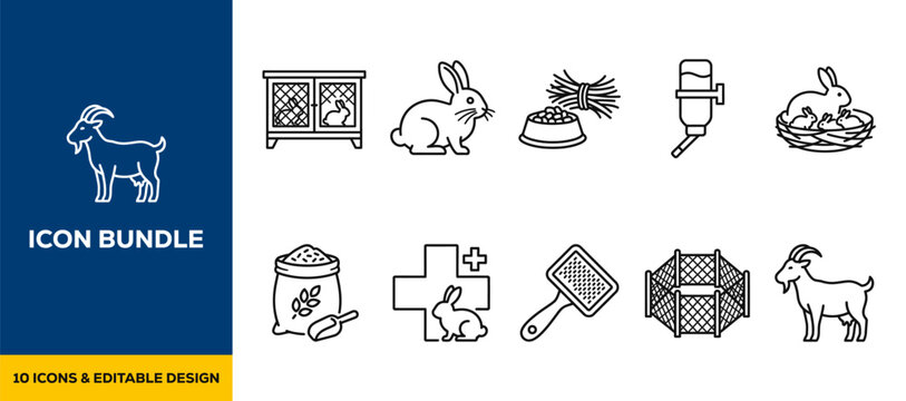 Icon bundle of livestock veterinary and animal husbandry symbols featuring ranching and cattle icons in professional minimalist line stroke vector style for modern meat farm branding art