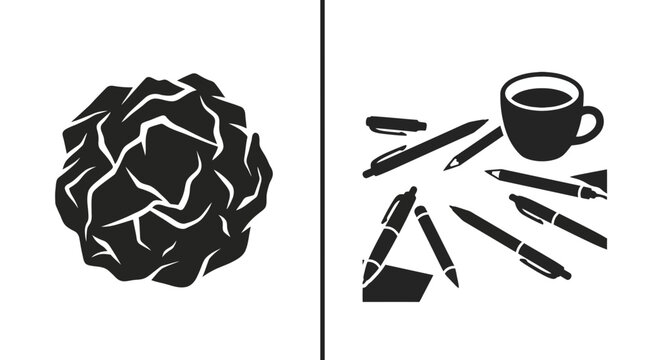 A split screen illustration showing a crumpled paper ball and a desk workspace with pens and coffee.