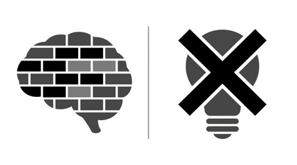 A conceptual illustration featuring a brick wall brain and a crossed out lightbulb icon. © Feby_Aulia
