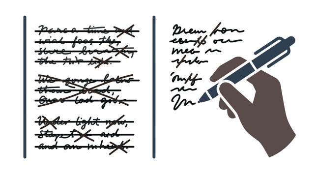 A hand holding a pen writing on paper with crossed out text.