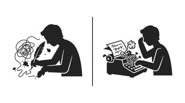 Two silhouettes of writers struggling with creative blocks and writing processes.
