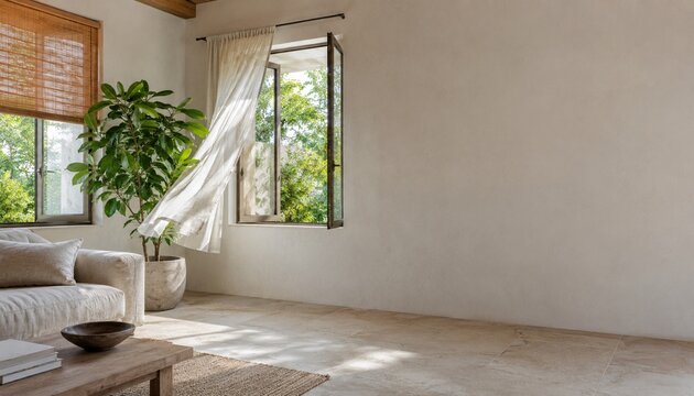 Passive Cooling Living Room with Open Windows and Natural Airflow