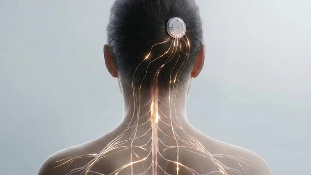 Glowing neural pathways extending from a circular implant across the back of a woman's head, neck and shoulders