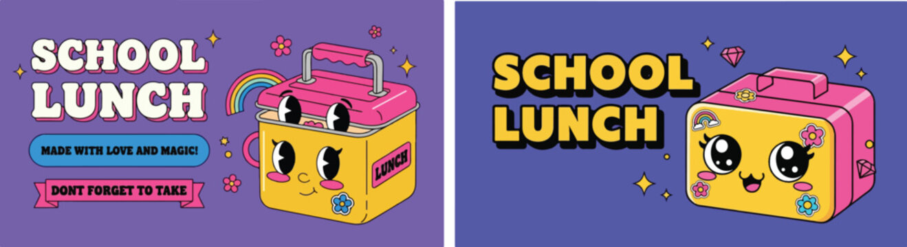 Cute Retro Cartoon School Lunch Box Vector Banners with Kawaii Faces on Purple Background, Back to School Concept
