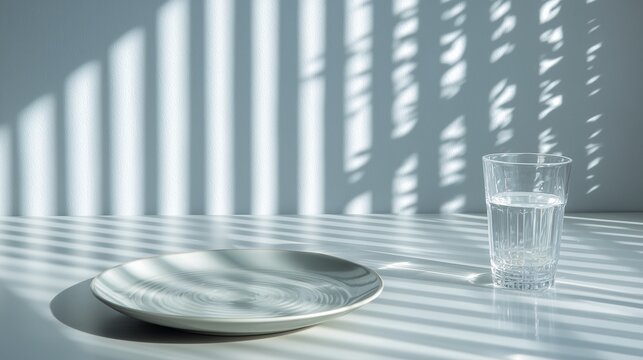 Empty plate and glass of water on striped light background, symbolizing minimalism and hydration focus in a water diet.