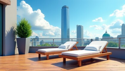 Obraz premium Modern rooftop terrace offers serene escape with cityscape views. Two wooden lounge chairs with white cushions await relaxation under bright blue sky with fluffy clouds. Tall skyscraper dominates