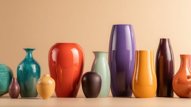 Collection of modern ceramic vases in vibrant colors on elegant beige background, contemporary home decor concept, luxury interior styling, hyper