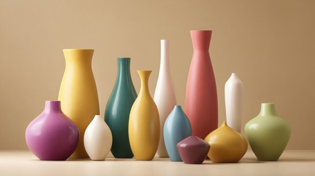 Collection of modern ceramic vases in vibrant colors on elegant beige background, contemporary home decor concept, luxury interior styling, hyper