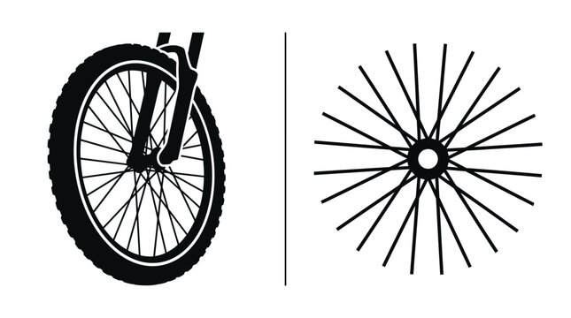 Black and white illustration of a bicycle wheel and fork.