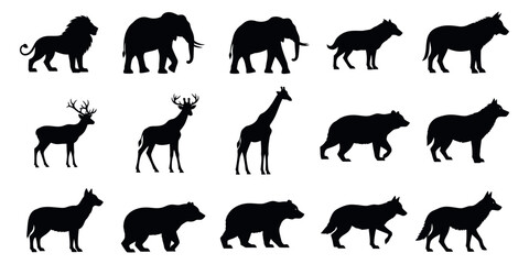 Fototapeta premium Animal silhouettes collection lions elephants deer giraffe wolves and bears vector graphics