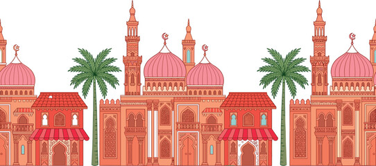Islamic Mosque and Middle Eastern City Skyline Seamless Border Pattern with Domes, Minarets, and Palm Trees for Ramadan or Eid Graphics © Md