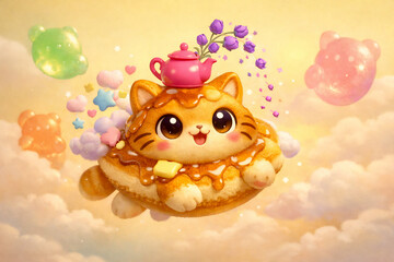 Naklejka premium Whimsical Pancake Cat Floating in a Pastel Fantasy Sky