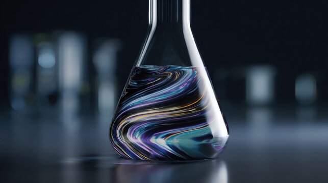 Elegant glass laboratory flask containing swirling iridescent liquid, dark modern laboratory background, breakthrough chemistry research concept