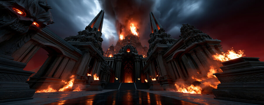 gigantic burning ancient temple in apocalyptic hellscape, infernal ancient temple engulfed in flames, epic ruined temple in hellish apocalyptic fire scene
