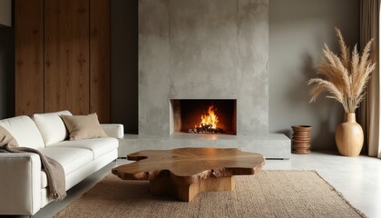 Fototapeta na wymiar Modern living room with fireplace. White sofa, rough wood table, concrete wall, and dried plants create a cozy, natural ambiance. Warm fire glows in the hearth.