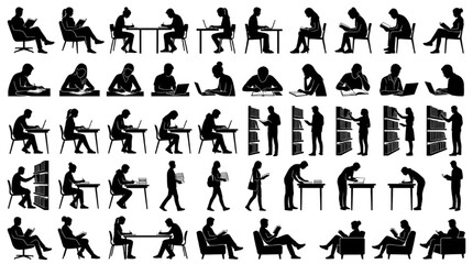 Obraz premium Comprehensive Human Activity Silhouette Collection Featuring Work Exercise Leisure and Daily Life Actions