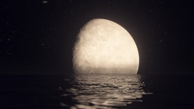 Giant moon reflected in a calm sea.