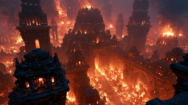 gigantic burning ancient temple in apocalyptic hellscape, infernal ancient temple engulfed in flames, epic ruined temple in hellish apocalyptic fire scene