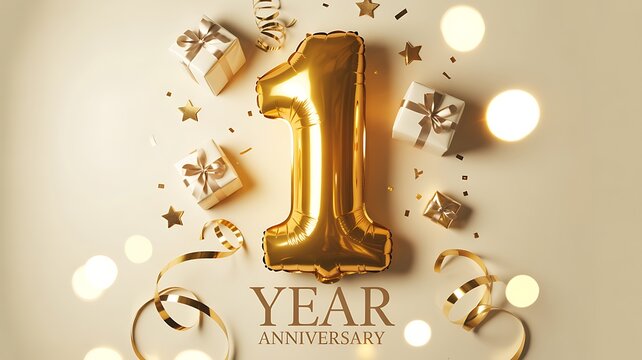 Golden balloons and gifts celebrate one year anniversary party