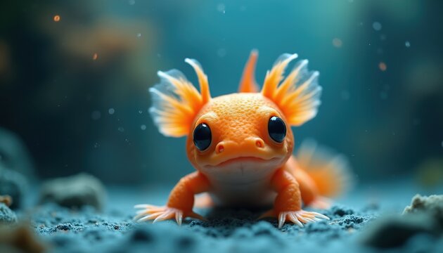Cute orange axolotl with big dark eyes swims in clear blue water. Tiny amphibian rests on sandy bottom with pebbles and small bubbles. Unusual pet at home aquarium.
